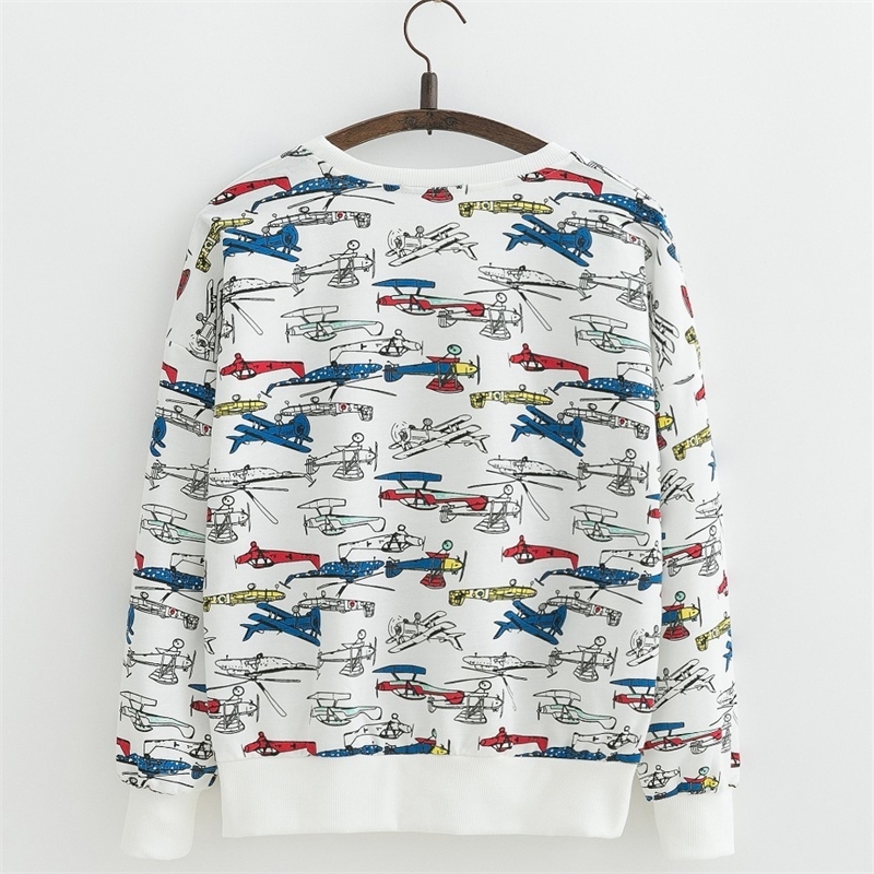

JKKUCOCO Women Cotton hoodies vintage Plane Print long sleeve O-neck Casual Sweatshirts Women sweatshirt thin loose style S  L 201202, White