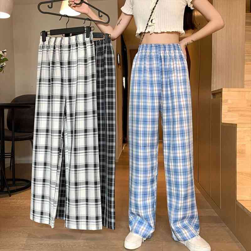 

Women Fashion Elastic Straight Plaid Pants Loose Ladies Pants Elastic Waist For Travel, Black;white