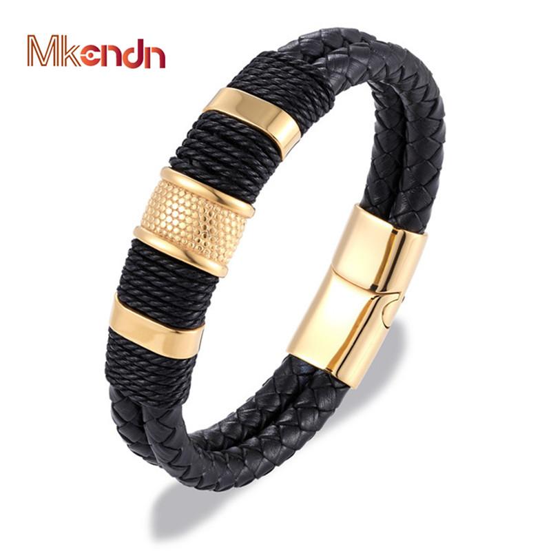 

MKENDN Punk Men Jewelry Black/Brown Braided Leather Bracelet Stainless Steel Magnetic Clasp Fashion Bangles 19/21/23cm