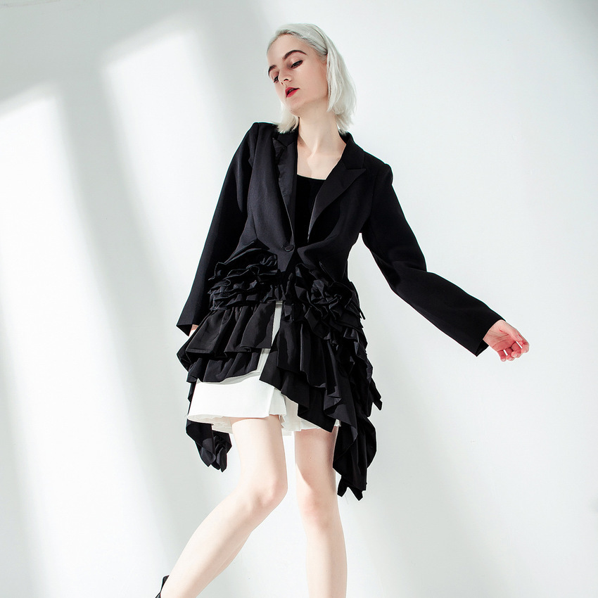 

High Street Plissado Irregular Blazers Long Solid Black Women Autumn Jackets Character Designer Skin Coats Tzys