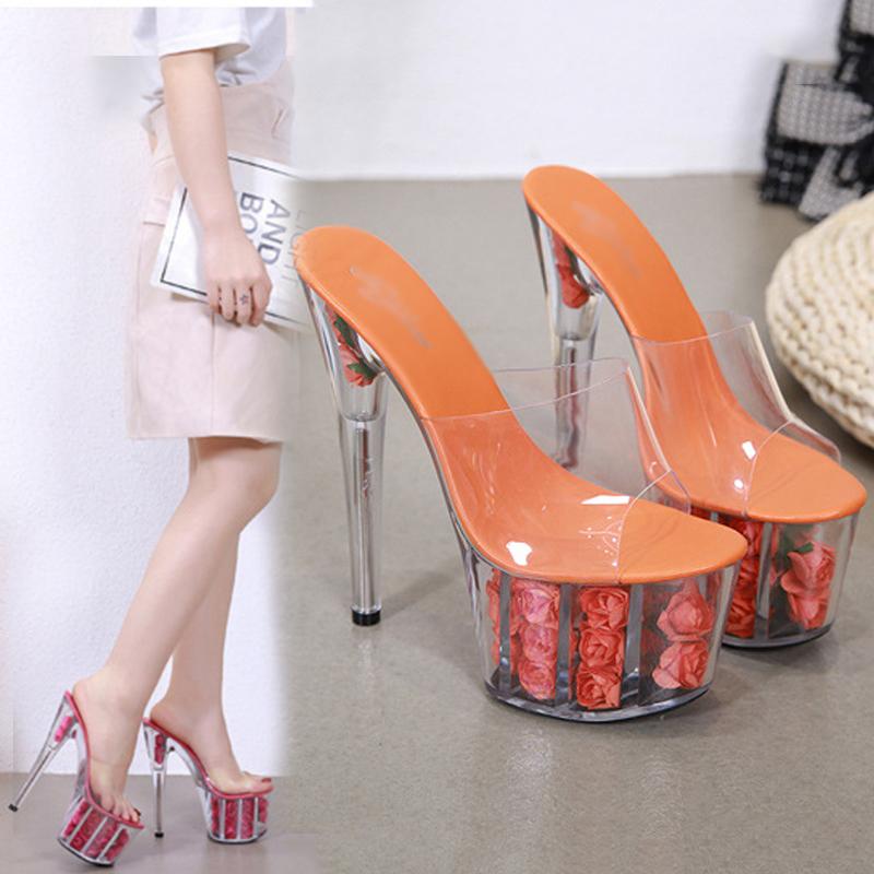 

Slippers platform ladies stilettos super high heels plus size 34-43 17CM nightclub pole dancing party sexy open toe shoes, Orange
