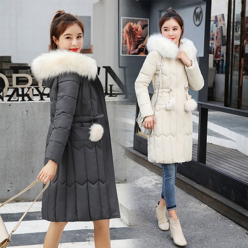 

Chic Fur Coat Hooded Winter Down Coat Warm Jacket Plus Size Long Slim Women Cotton padded Wadded Parkas female jacket 9 colors 201119, Grey