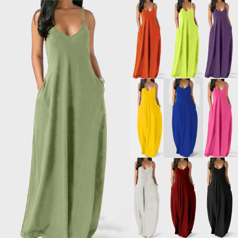 

Fashion Women Sexy Plus Size Dress Solid Sleeveless O-Neck Pockets Ladies Skirt Camisole Long Female Dress vestidos de mujer, Black