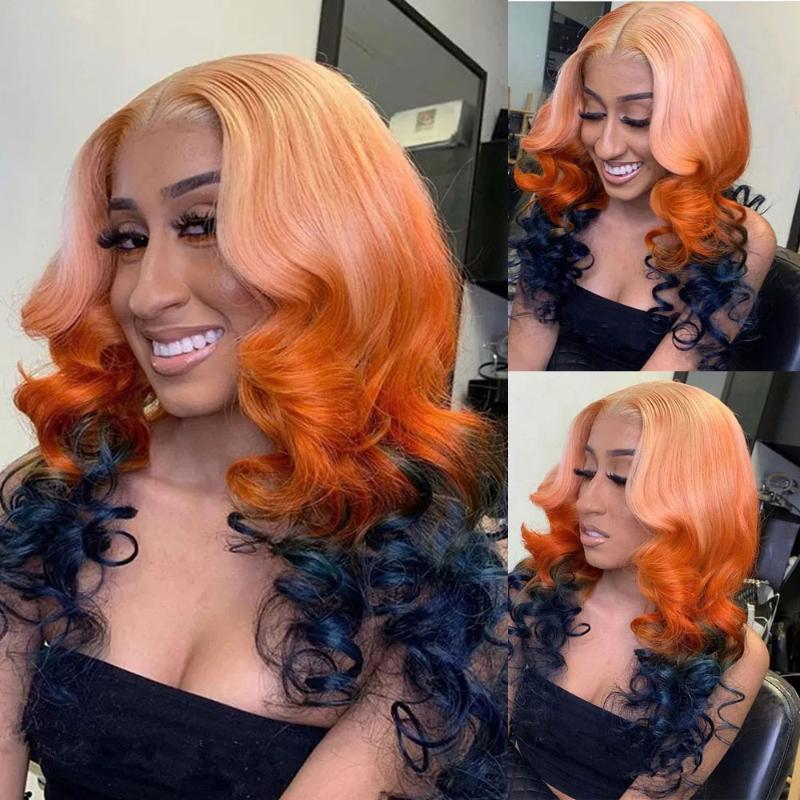 

Ombre Pink Colored Human Hair Wig Pre Plucked Orange Wave Natural Hairline Blue HD Transparent Lace Front Wig Remy Atina, As pic