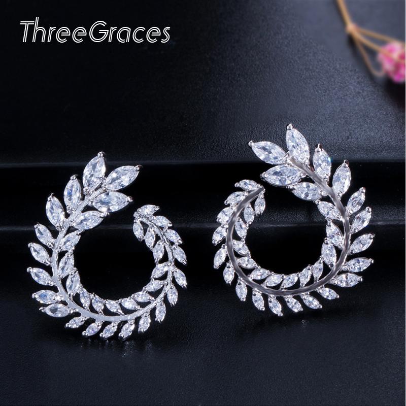 

Stud ThreeGraces Famous Design Sparkling Olive Branch Leaf Shape Marquise Cut Luxury Cubic Zirconia Earrings For Women ER282