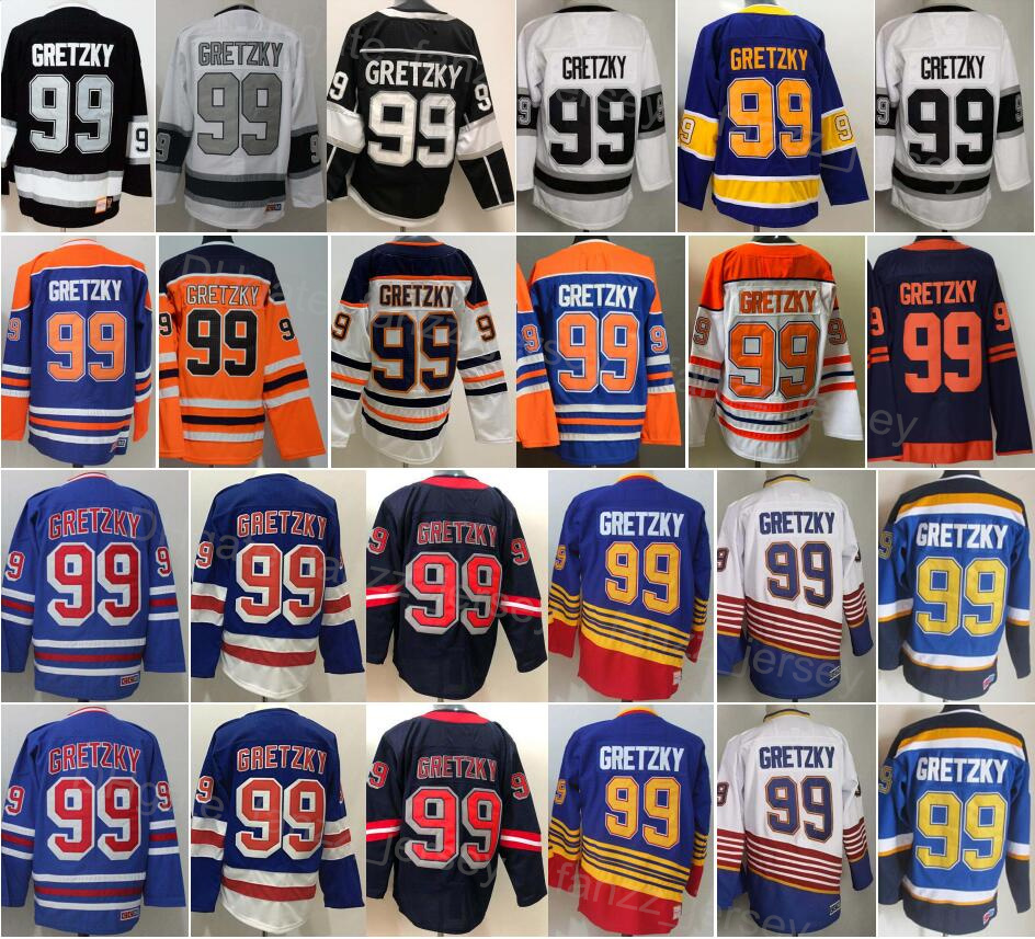 

Men Retro Ice Hockey Vintage Classic 99 Wayne Gretzky Jersey Black White Navy Blue Orange Purple Home Away Embroidery And Sewing Breathable Pure Cotton High Quality