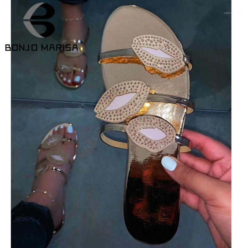 

BONJOMARISA Ins Hot Sale Open Toe Lady Summer Slip On Open Toe Casual Beach Slippers Women 2020 Rhinestone Shoes Woman1, Red