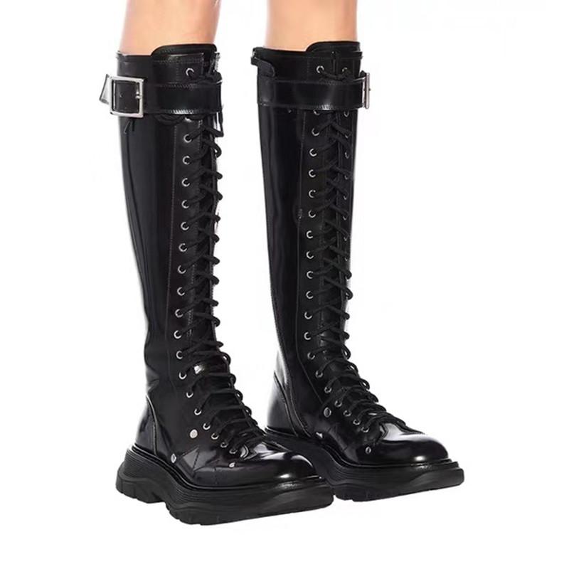 

New Fashion Women Cross Strap PU Leather Boots Autumn Winter Knee High Boots Ladies Thick Sole Platform Botas Mujer, Black