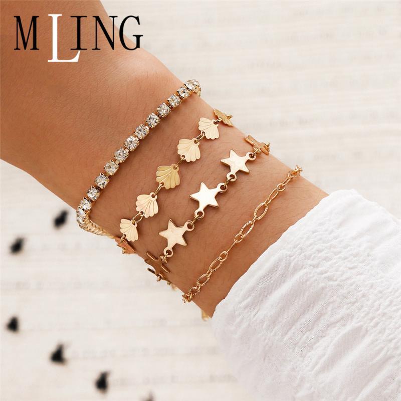 

Charm Bracelets MLING 4 Pcs/Set Vintage Gold Alloy Crystal Geometric Bracelet Set Fashion Shell Star For Women1