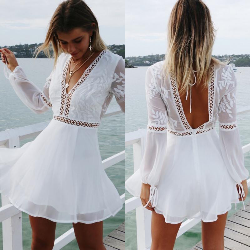 

Casual Dresses Women Summer Long Sleeves White Color Backless Sexy V-neck Beach Boho Mini Dress Female Short Vestidos1, As pic
