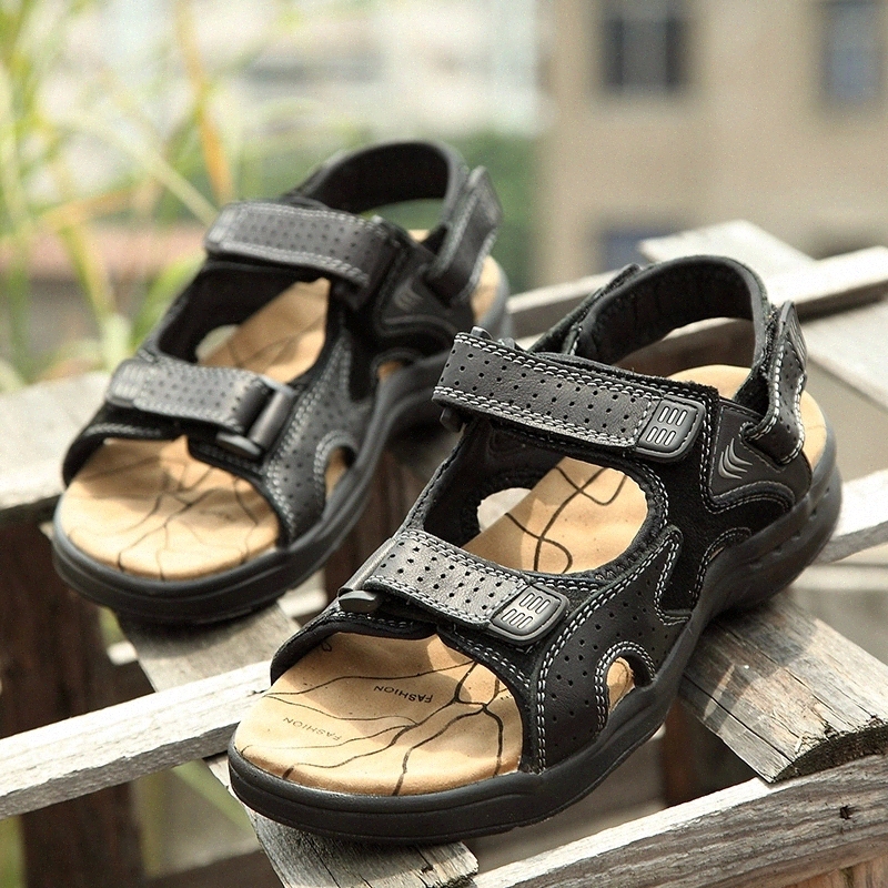 

Classic Men Sandals Genuine Leather Male Beach Sandals outdoor breathable Soft Comfortable Outdoor Beach Slippers Man Sandals #Eu46, Black