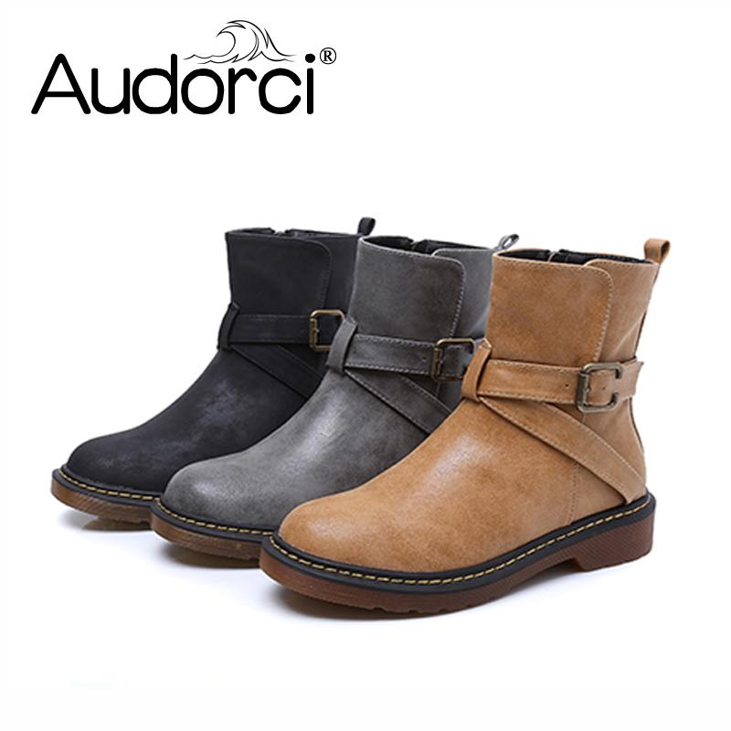 

Audorci 2020 Winter Fashion Women Ankle Boots Woman Double Buckle Boots Shoes Spring Autumn Female Footwear Size 34-43 With Fur, Yellow with fur