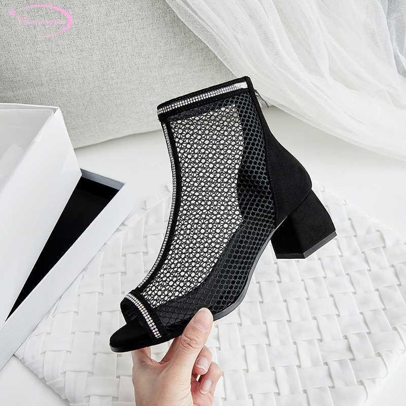 

Summer ankle boots sexy peep toe hollow-out sandals fashion crystal zipper nubuck flock beige black medium with women's shoes1