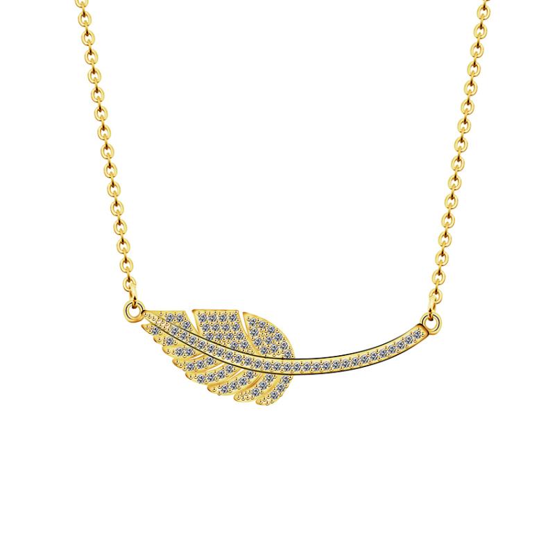 

Wedding Jewelry Simple Cubic Zirconia Feather Pendant Necklaces Gold Color Stainless Steel Chain Leaf Charm Women Necklace Colar