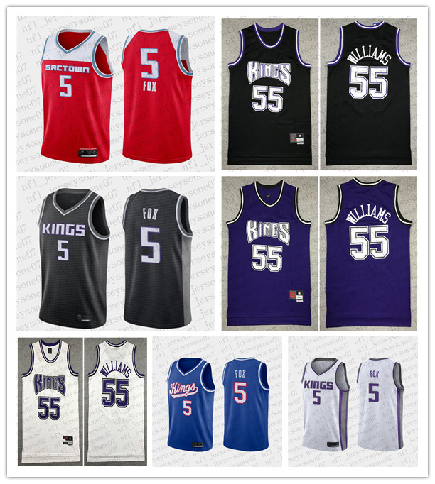 

Custom Men youth Sacramento Kings 5 De'Aaron Fox 55 Jason Williams black white red Throwback Basketball Jersey