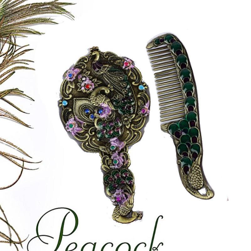 

30ml Creative Vintage Vanity Set Peacock Flower Pattern Brass Up Mirror Retro Comb Make Portable Painted Comb Mirror Hand W A8F6