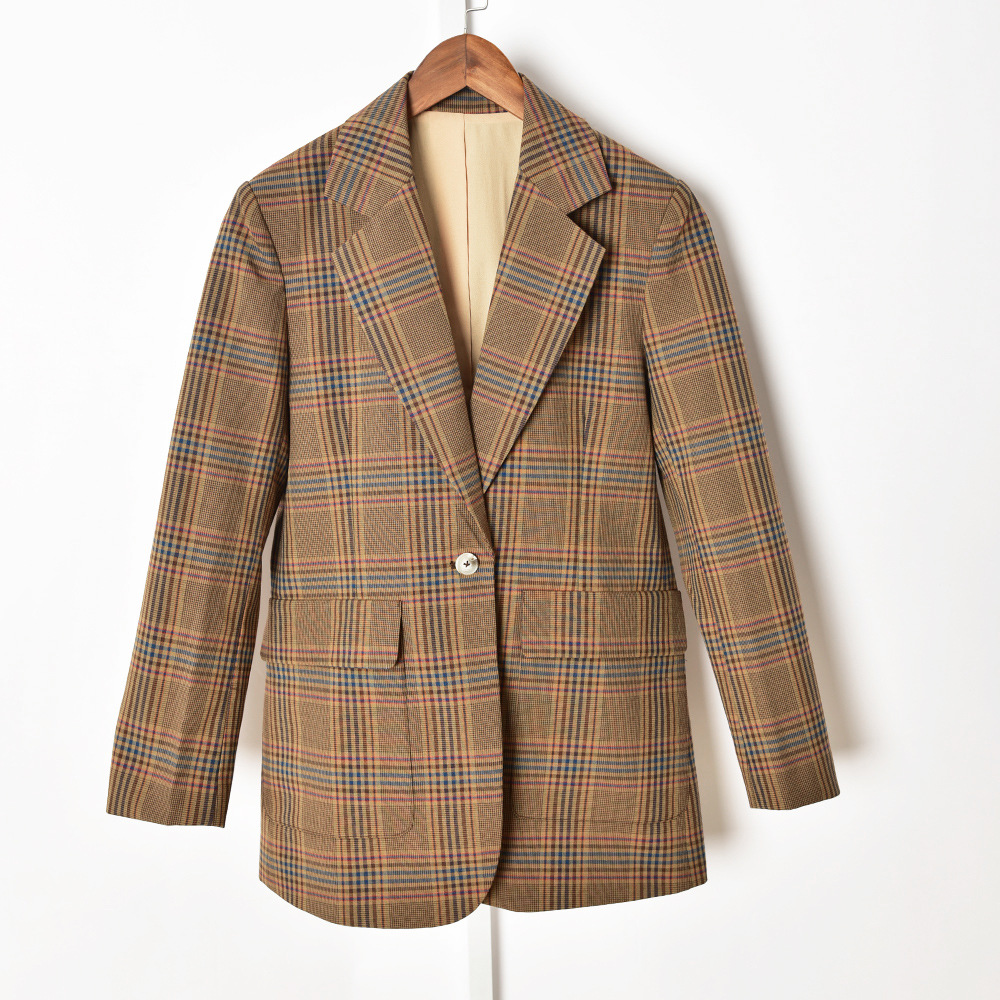 

2021 Spring Long Sleeve Notched-Lapel Khaki Plaid Pockets Single-Button Woolen Blazers Women Fashion Outwear Coats J23163328