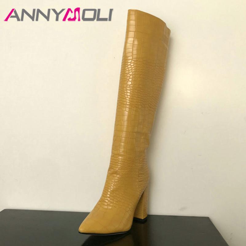 

ANNYMOLI Winter Knee High Boots Women High Quality Chunky Heel Tall Boots Fashion Super Heel Shoes Ladies Red Plus Size 43, Beige