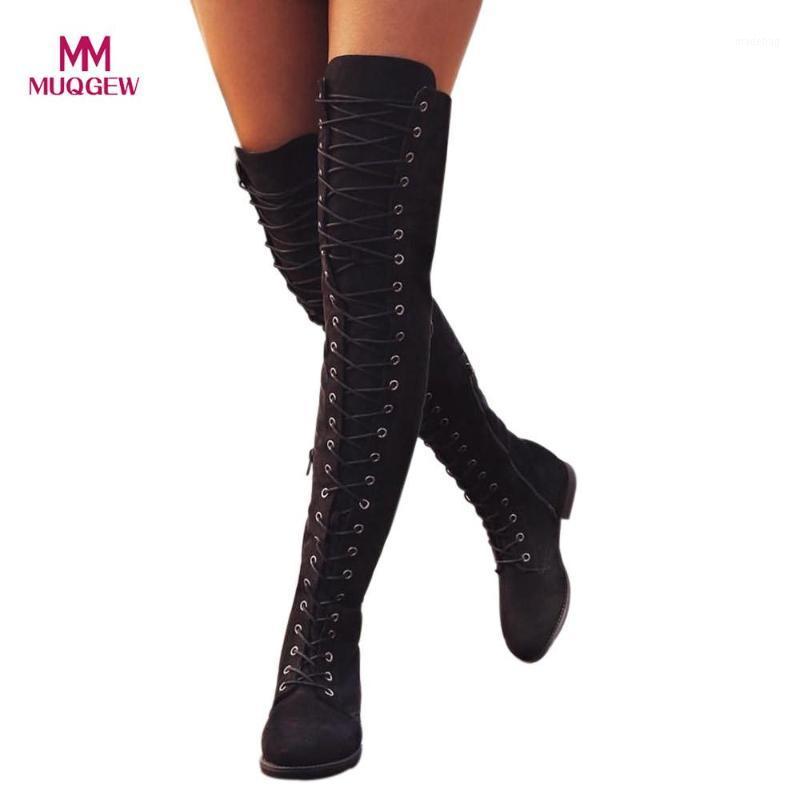 

2020 New Arrival Women Winter Boots Cross-tied Platform Shoes High Boots Autumn Over The Knee Flat Heel Shoes1, Black