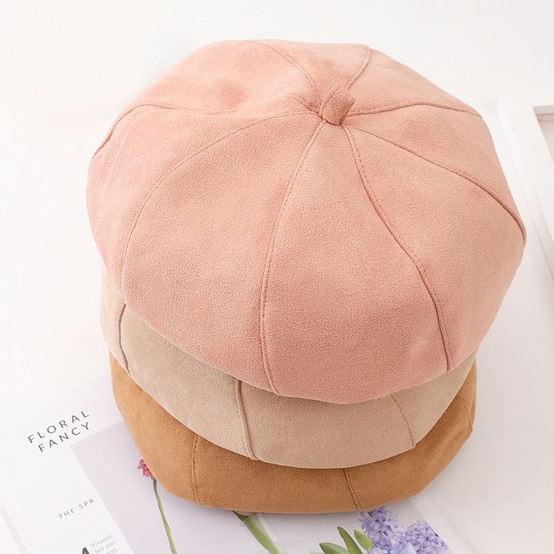 

Spring All-Match Velvet Dome Beret Hats For Women Female Retro Warm Girl Octagonal Caps High Quality Solid Outdoor Bucket Cap, Black