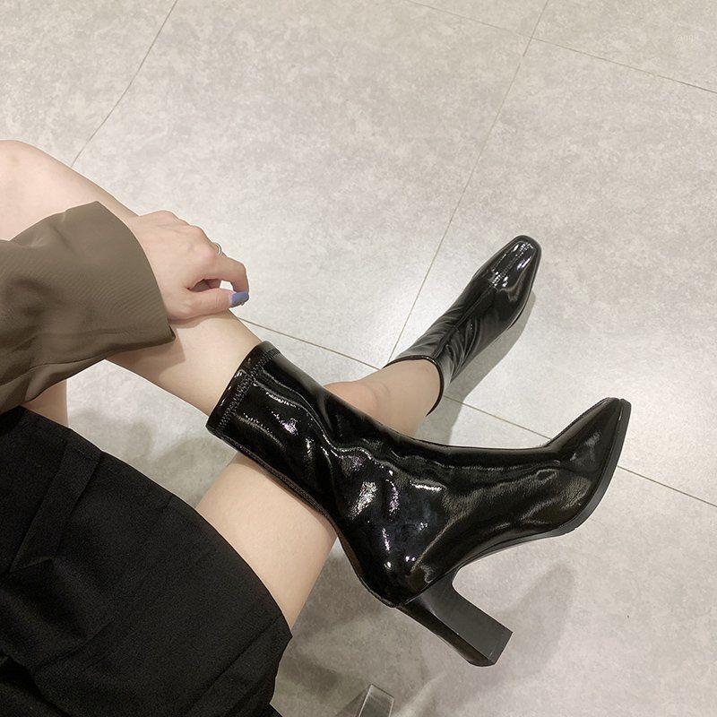 

Martn Short Boots Women's 2020 New Autumn and Winter Thick-heeled Patent Leather Square Toe Plus Velvet High Heels Beige1, Black