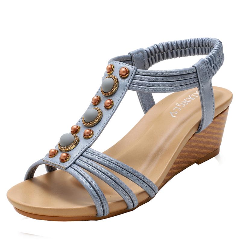 

retro casual fashion Beaded sandals of summer 2021 middle heel versatile Roman shoe lady gladiator sandals shoes for women, Blue