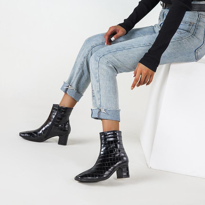 

Women's Short Boots 2021 New High Heel Plaid Short Chunky Heel Square Toe Boots Women's Fashion, Black