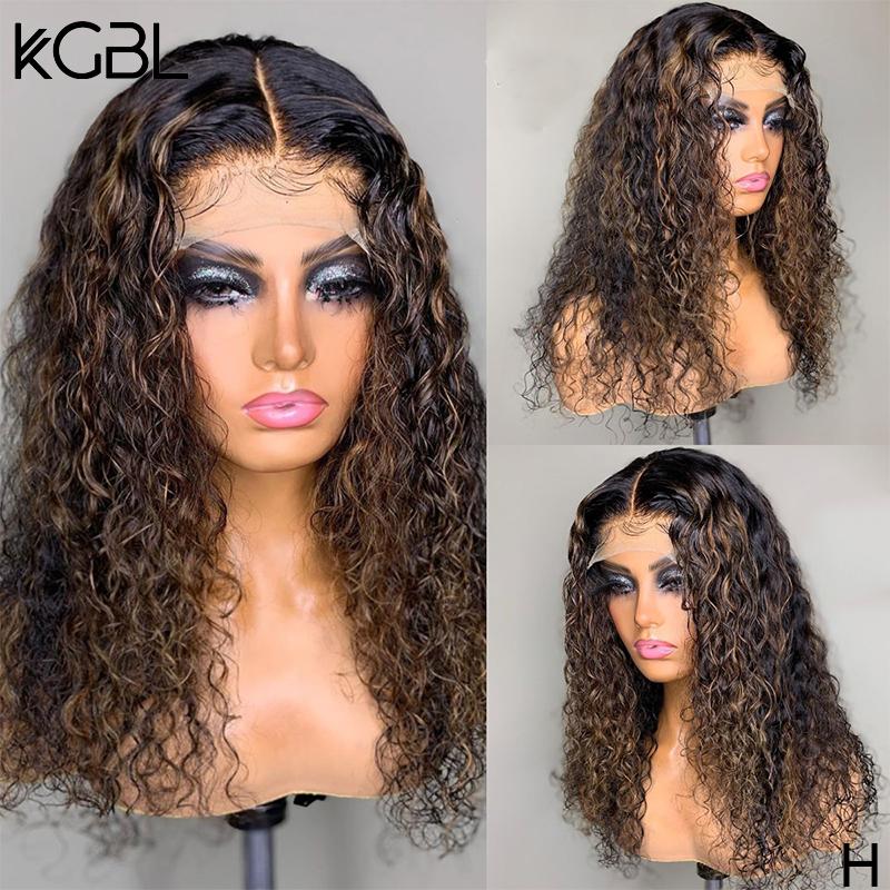 

KGBL Highlight T-part Curly Lace Front Human Hair Wig 180% Density With Baby Hair Brazilian 8''-24'' Non-Remy Wigs Medium Ratio, T-part lace wig