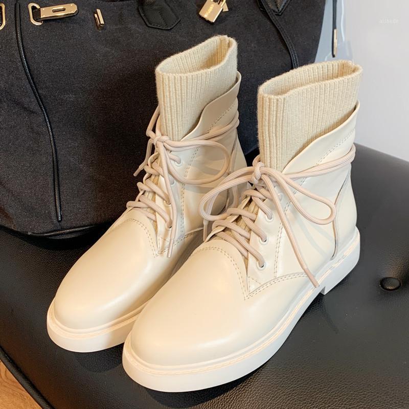 

Women Genuine Leather Round Toe Cross Tied Thick Platform Ankle Boots Elastic Short Sock Boots Cow Leather All Match Lady1, Black