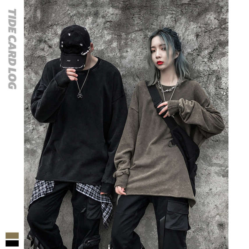 

Autumn winter high street wind washing water used slit sweater for men women lovers with rough edge loose tide brand bottomed coat, Black