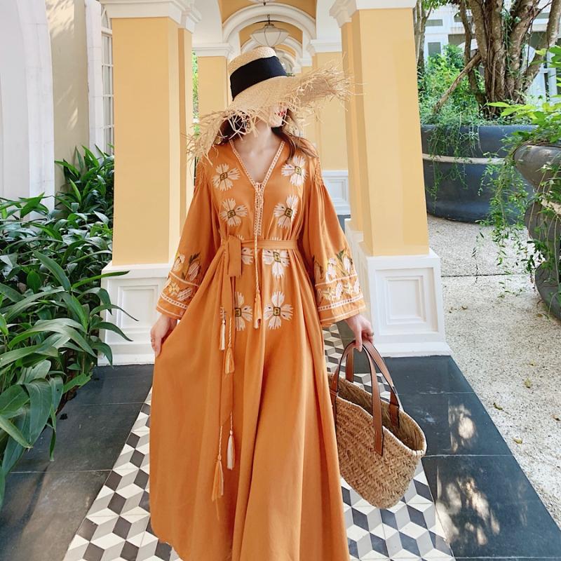 

Autumn Women' Retro Ethnic Embroidery Cotton and Linen V-neck Tie Printing Vacation Travel Long Dress, Orange