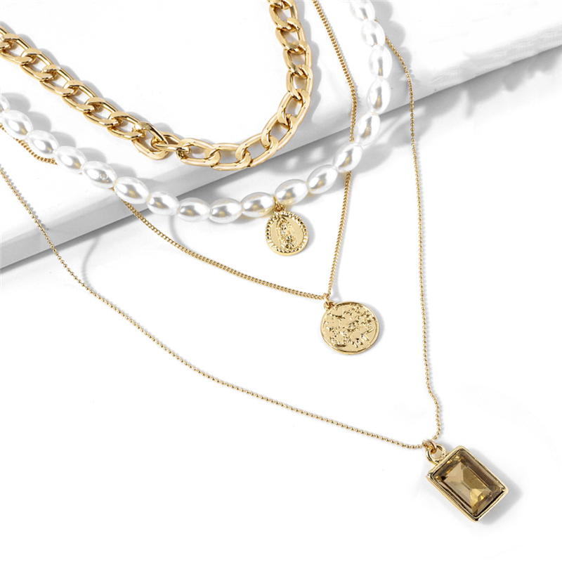 

KSRA 2020 New Fashion Portrait Pendant Necklace Pearl Alloy Gem Sweater Chain Multi-layer Necklace Pendant Jewelry