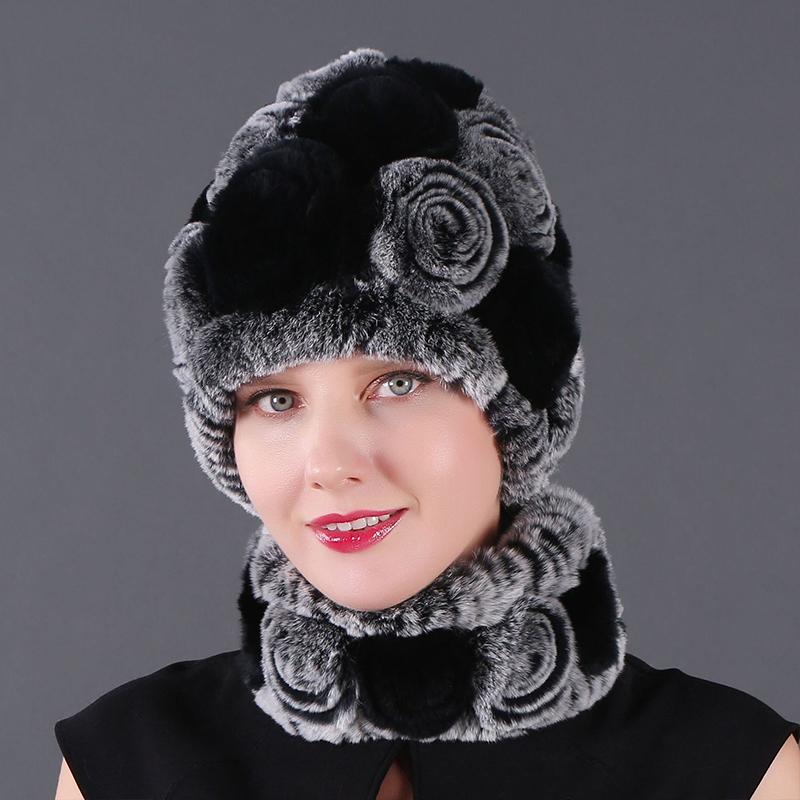 

Women Winter Hats Set Elastic Fake Fur Beanies Hat Scarf Set Warm Ladies Thicken Rose Flower Hat Soft Windproof Elegant