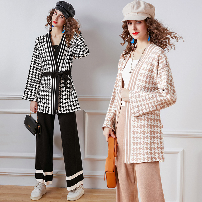 

2021 New Autumn Winter Sweater Two Piece Set for Women Houndstooth Lace-up Knitted Cardigan Jacket + Wide Leg Long Pant Suit 0jvf, Black