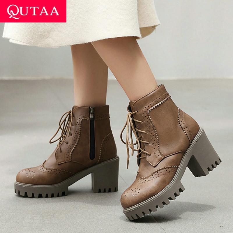 

QUTAA 2021 Platform Round Toe Casual Ankle Boots Square High Heel Short Boots Lace Up Zipper All Match Women Shoes Size 34-43, Black