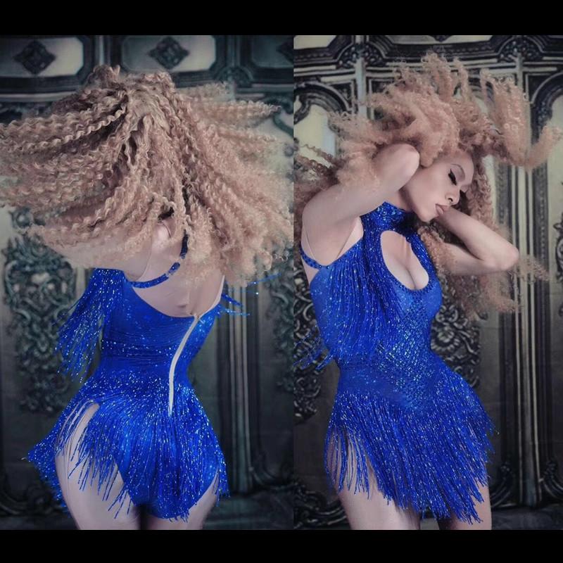 

Shining Rhinestones Tassel Nightclub Bodysuit Women Stretch Skinny Leotard Stage Dancer Performance Costumes Pole Dance Outfits, Blue
