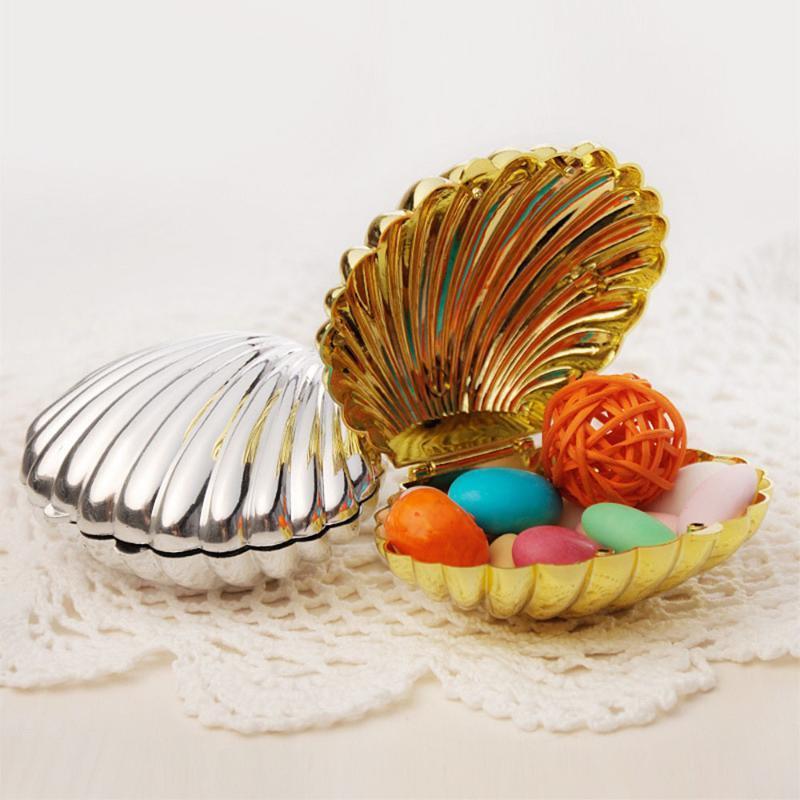 

Creative Wedding Favor Candy Box Shell Shaped Gold Silver Chocolate Boxes Cookies Bag Kids Birthday Supplies Plastic Containers1