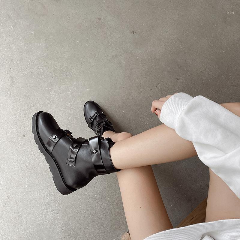 

Women Leather Ankle Boots Winter Platform Sneakers Comfortable Thick Sole Motorcycle Boots Woman Hook Loop Punk YMB2811, Black