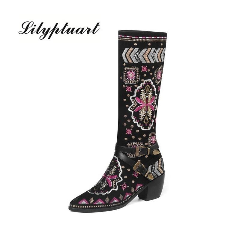 

Big Size 34-46 New 2020 Winter genuine Cow leather boots women western bohemia women's boots embroidery knee high female, Black