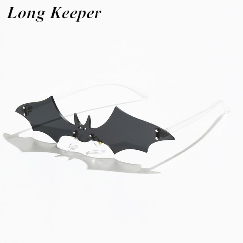 

2021 Fashion Halloween Bat Shape Sunglasses Women Men Vintage Rimless Sun Glasses Eyewear Female One Piece Black Eyewear Shades