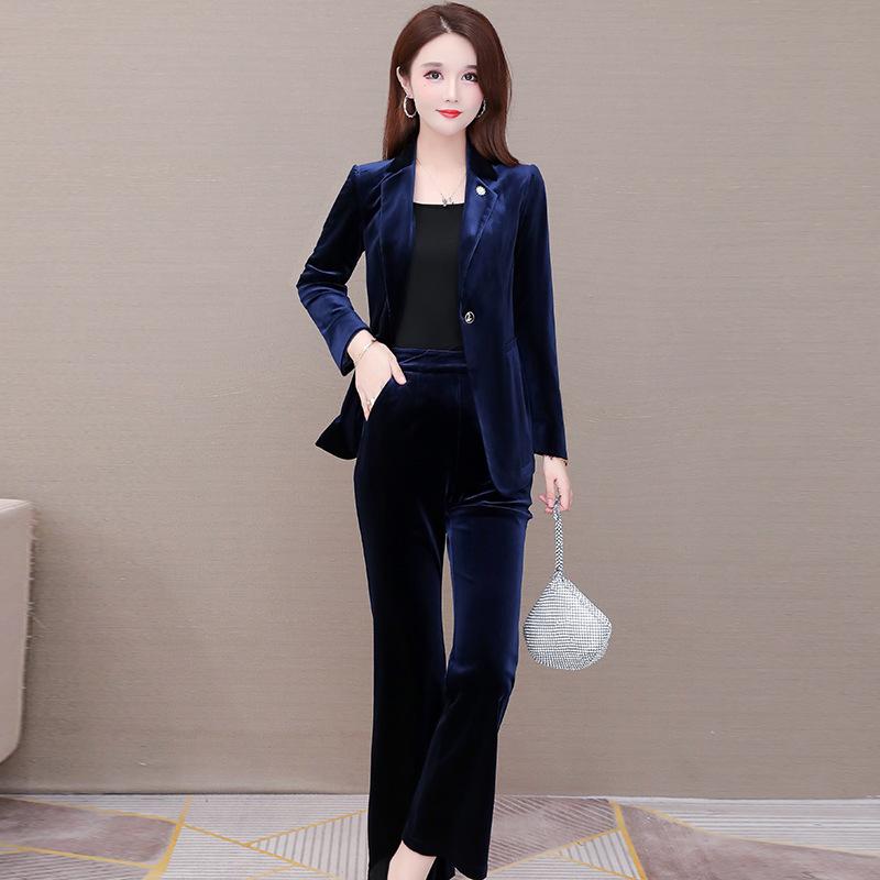 

Small fragrance fashion two piece suit women fall 2020 new slim long sleeve velvet Blazer coat Long Pants, Blue