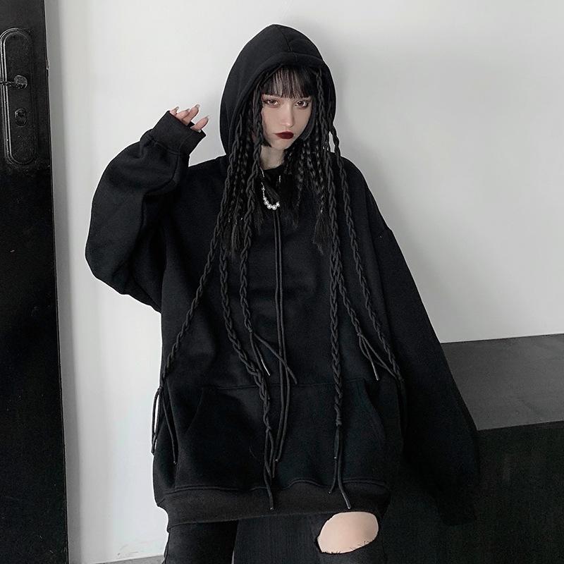 

Ruibbit Punk Autumn Winter Women Harajuku Punk Gothic Girls Black Hoodies Sweatshirt Braid Hooded Velvet Japanese Plus Size, As pic