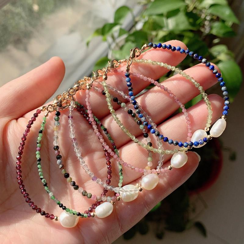 

2mm Small Shining Black Obsidian Stone Bracelet Tourmalines Garnets Crystal Quartz Strand White Baroque Pearl Charm Bracelets