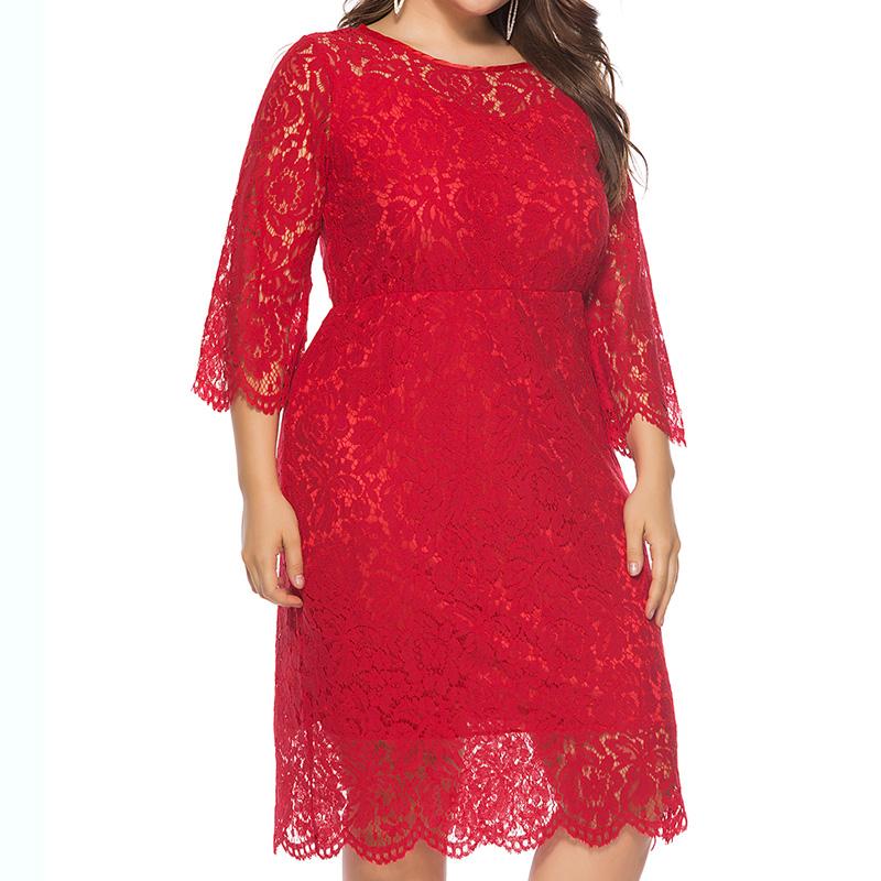 

Plus Size -6XL Women Dress Summer Autumn Lace Dress Elegant 3/4 Sleeve Bodycon Party Dresses Solid Color Vestidos Big Size, Black dress