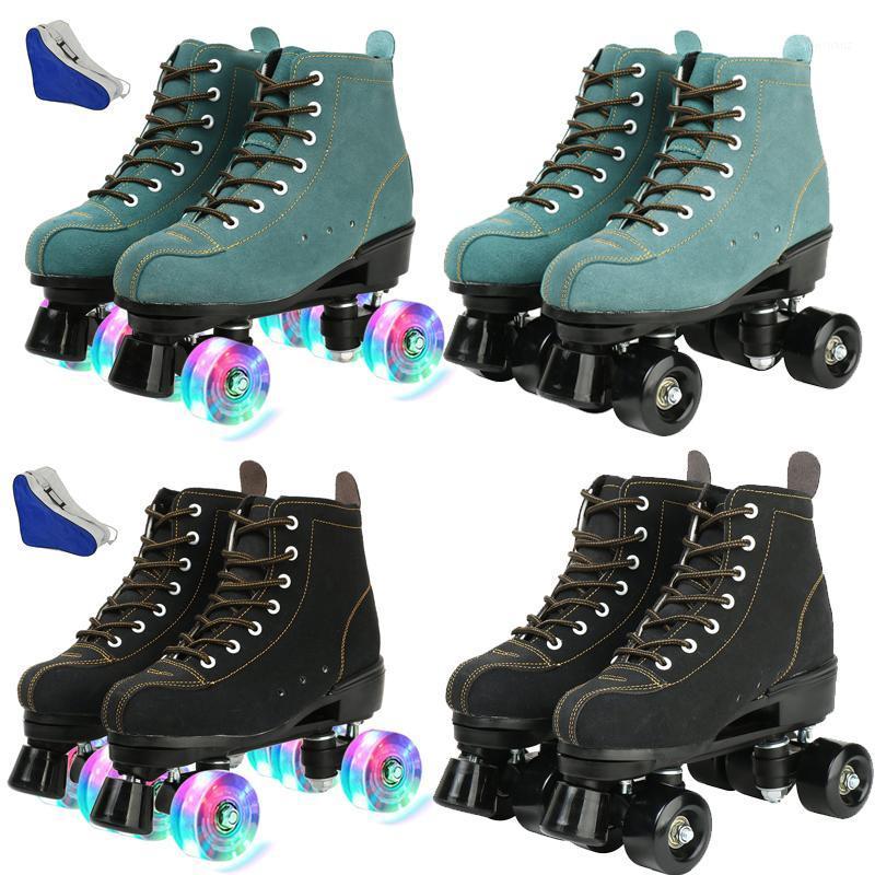 

YYW Girls Europe Size Flashing Women PU Leather Adult Kids Quad Roller Skates Skating Sliding Sneakers 4 wheels Training Gym1, Black