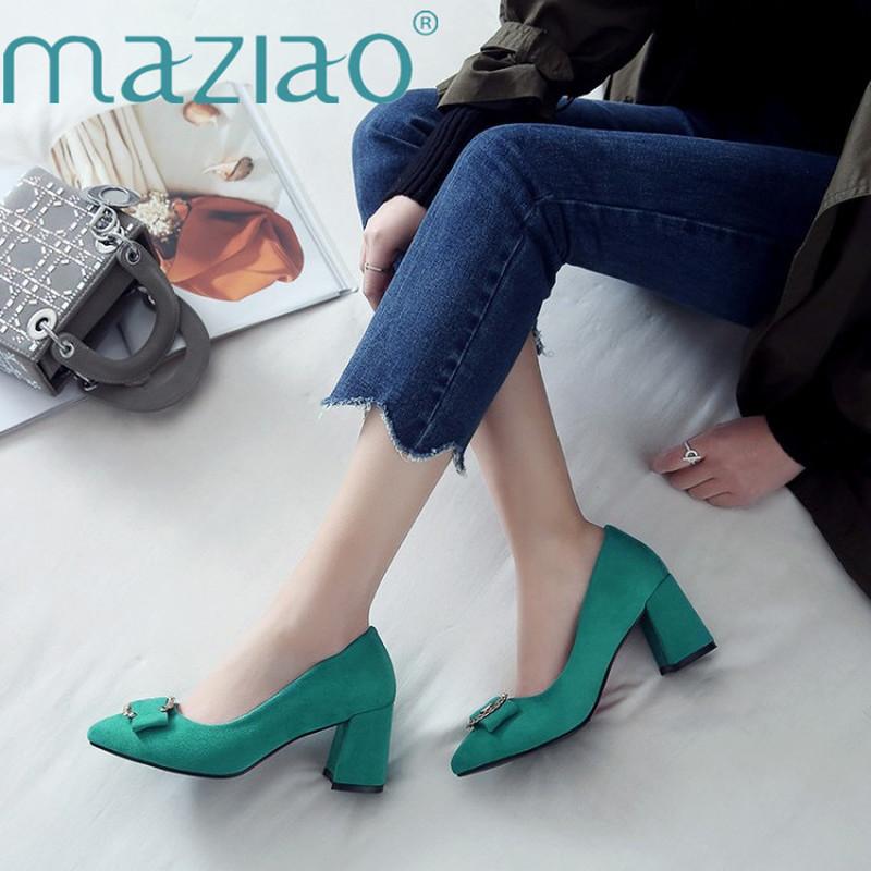 

High Heels Mary Jane Flock Women Basic Pumps Med Heels Pointed Toe Shallow Block Heel Ladies Shoes Women Zapatos De Mujer MAZIAO, Black