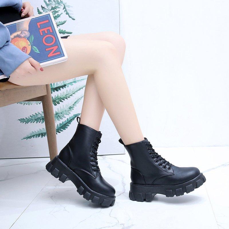 

Platform Boots Lace Up Ankle Boots Women Shoes Woman Solid Leather Autumn Winter Thick Bottom High Heels Chunky Sneakers, Black