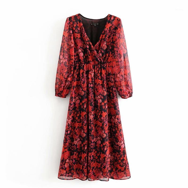 

Ma & go women's dress new flowing crepe heavy fabric floral print 7-sleeve dress in spring and summer 20201, Red