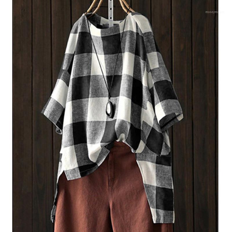 

2020 Summer New Arts Style Women O-Neck Short Sleeve Casual Shirts Cotton Linen Plaid Loose Blouses Plus Size Femme Tops1, Bk