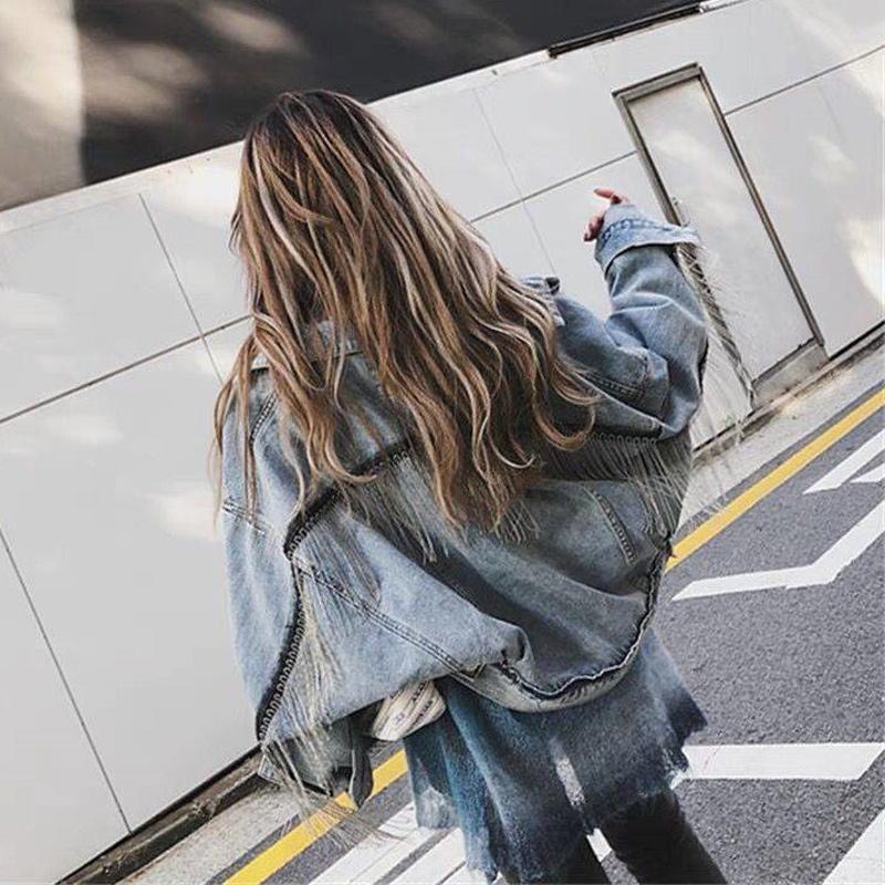 

Women Denim Long Batwing Sleeve Jacket Spring Beading Tassle Short Loose Girl Jean Coats Fashion Autumn Outerwear Tops, Blue